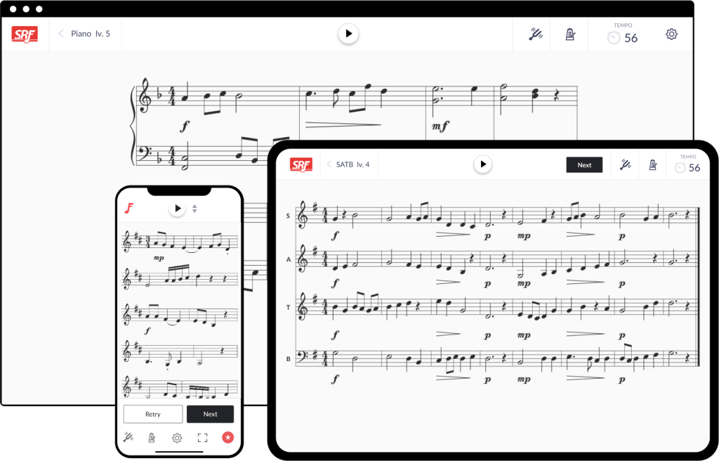 A view of Sight Reading Factory on desktop, tablet, and mobile devices