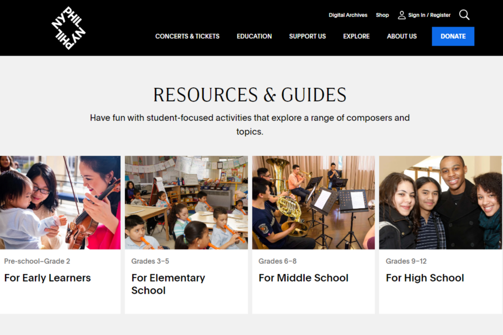 A screenshot of New York Philharmonic's Learning Resources webpage