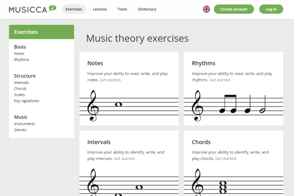 A screenshot of Musicca's "Excercises" page